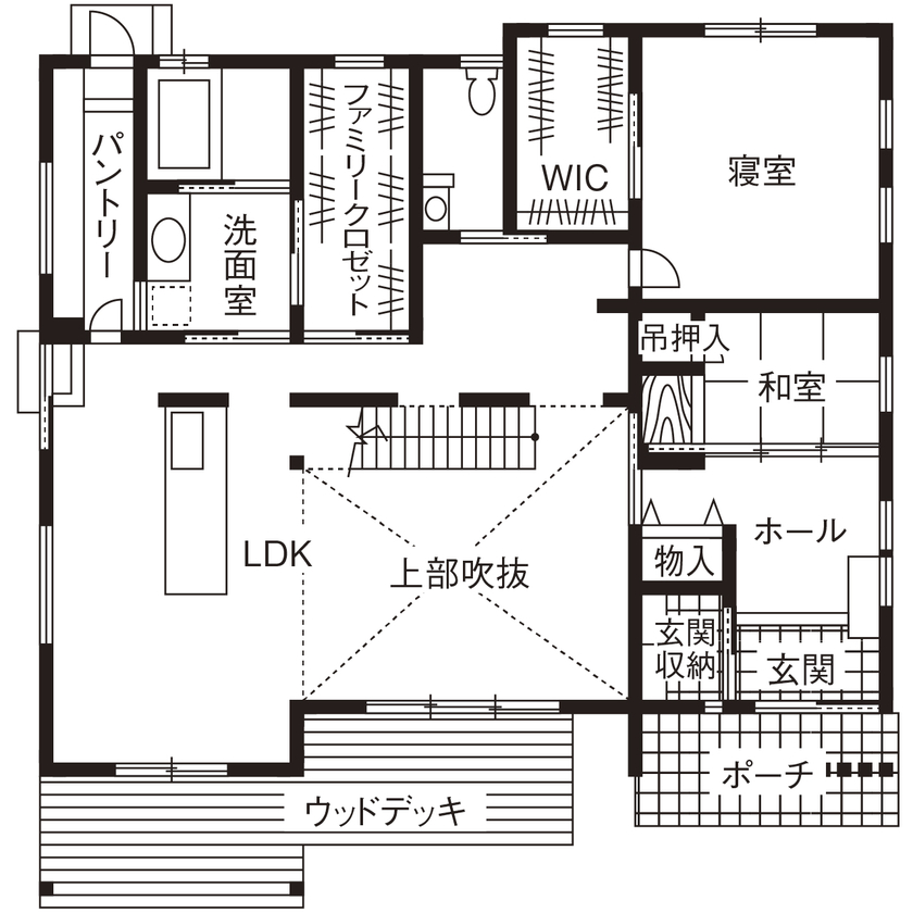 無垢Story 【自然素材×輻射式全館冷暖房】2層吹抜けの大空間がもたらす、開放感を愉しむ家｜間取り図有の間取り図（4LDK）1階