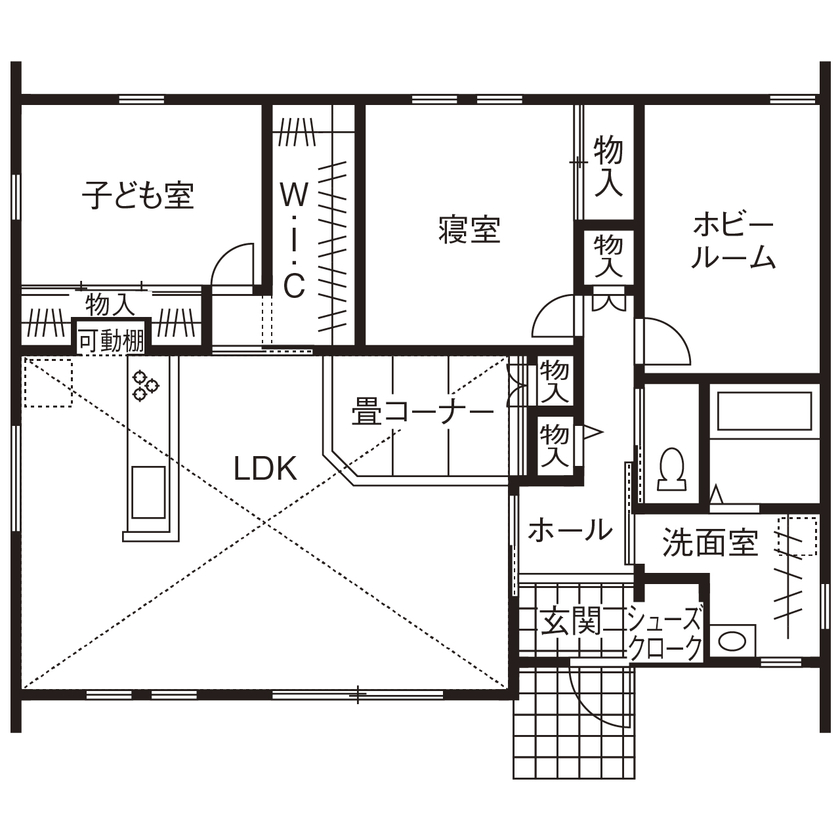 無垢Story 【岐阜県/1000万円台/平屋/30坪台/間取図有】防音室で楽器演奏も。2×4で価格を抑えた、カフェのような家の間取り図（2LDK＋ホビールーム）1階