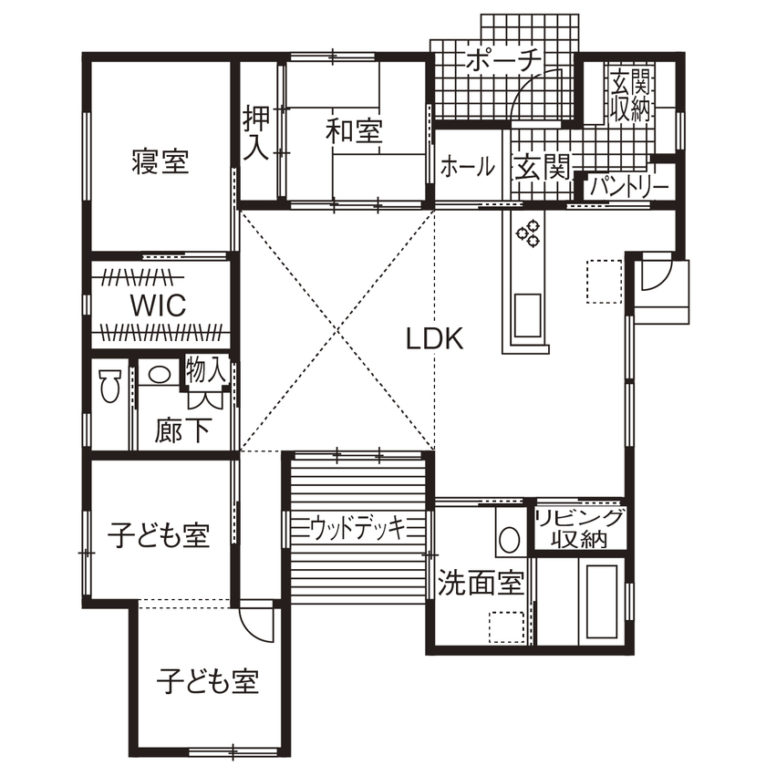 無垢Story 【岐阜県/1000万円台/コの字/中庭/平屋/30坪台/間取図有】自然素材とモルタル。素材を愉しむ中庭のある平屋の間取り図（3LDK）1階