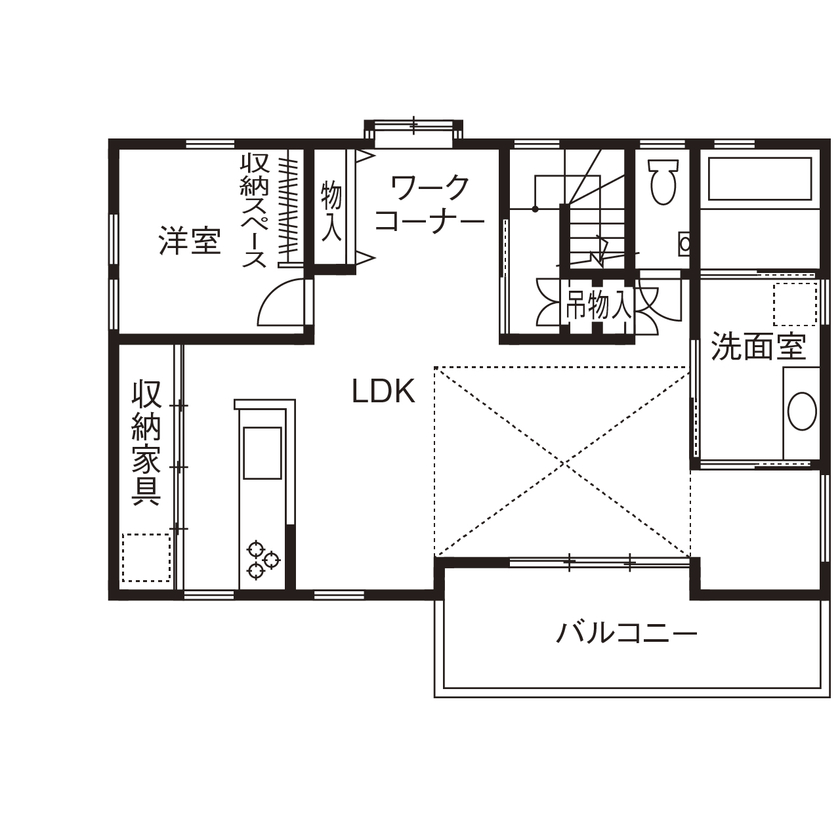 無垢Story 【岐阜県/2000万円台/おしゃれな家/30坪台/間取図有】絵本の世界の様なプロバンス風外観の美容院併設住宅の間取り図（3LDK+美容院）2階
