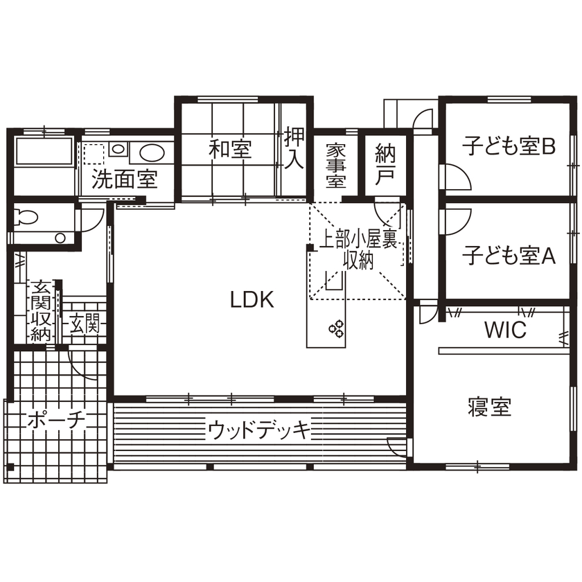 無垢Story 【岐阜県/2000万円台/平屋/30坪台/間取図有】吹抜けのような大空間リビングが特徴的な、カフェ風の家の間取り図（4LDK）1階