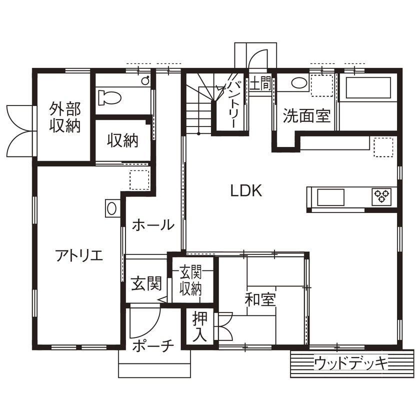 無垢Story 【岐阜県/2000万円台/店舗併設/40坪台/間取図有】カフェのようなリビングと、シンプルなアトリエのある家の間取り図（4LDK+アトリエ）1階