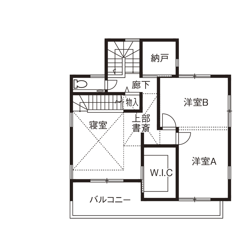 無垢Story 【岐阜県/2000万円台/店舗併設/40坪台/間取図有】カフェのようなリビングと、シンプルなアトリエのある家の間取り図（4LDK+アトリエ）2階