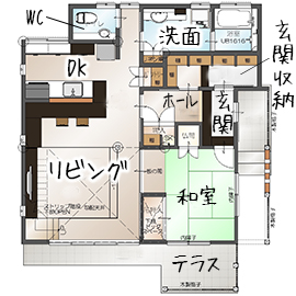無垢Story 【岐阜県/1000万円台/平屋風/造作家具/和モダン/間取図有】温もり溢れる古民家カフェスタイルの平屋風の家の間取り図（2LDK）1階