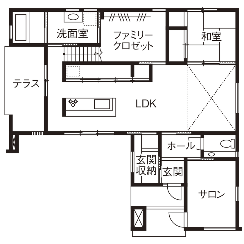 無垢Story 【岐阜県/2000万円台/造作家具/店舗併用/40坪台/間取図有】シンプルで機能的なネイルサロン併設住宅の間取り図（4LDK）1階