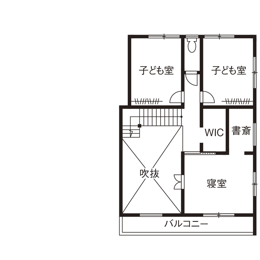 無垢Story 【岐阜県/2000万円台/ビルトインガレージ/40坪台/間取図有】冬の朝も無垢の足触りを愉しめる漆喰壁の家の間取り図（4LDK+ガレージ）2階