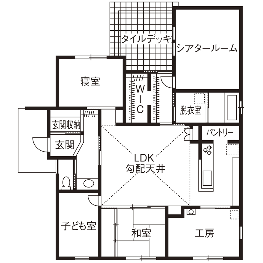 無垢Story 【岐阜県/2000万円台/平屋/30坪台/間取図有】夫婦で寛ぐ開放的なリビング。一人の時間も楽しい全館空調の家の間取り図（4LDK＋工房）１階