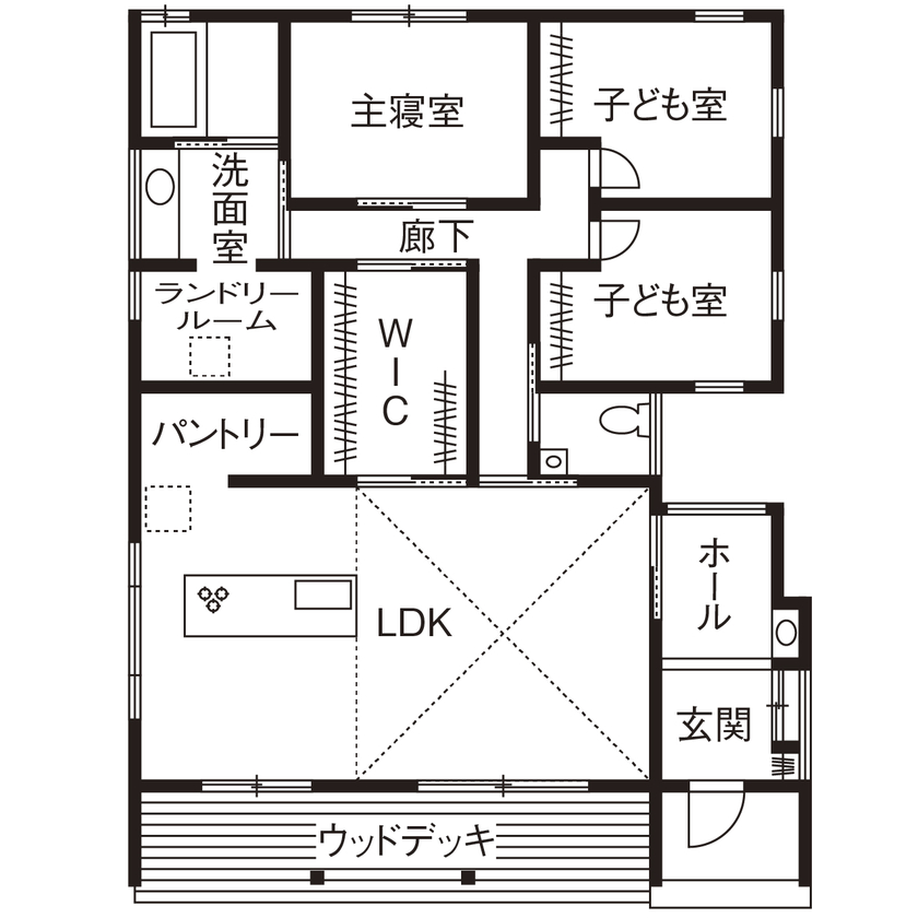 無垢Story 【1000万円台/平屋/30坪台/間取図有】収納を減らしシンプルに暮らす。素材の美しさを愉しむ平屋の家の間取り図（3LDK）1階