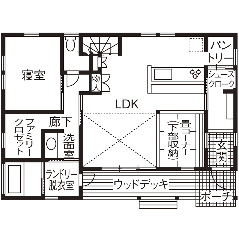 無垢Story 【岐阜県/2000万円台/平屋風/30坪台/間取図有】テーマはフランスの田舎暮らし。木と漆喰でつくる平屋風の家の間取り図（2LDK）1階