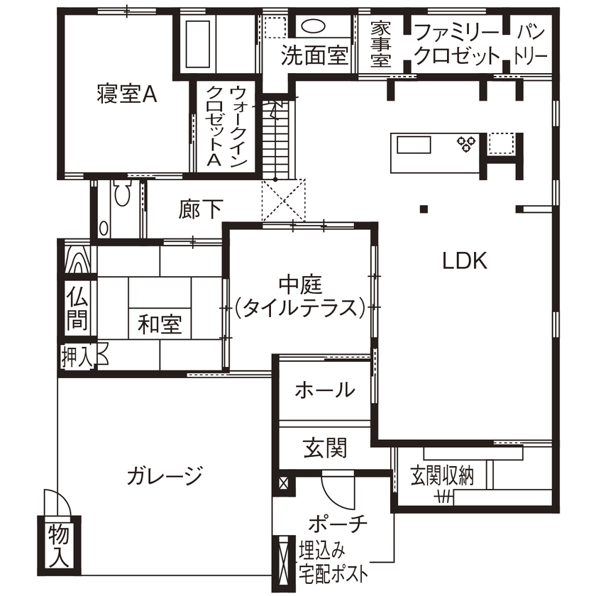 無垢Story 【愛知県/中庭/平屋風/50坪台/間取図有】多趣味な二人の、こだわりを形に。ガレージのあるロ型コートハウスの間取り図（3LDK+ガレージ）1階