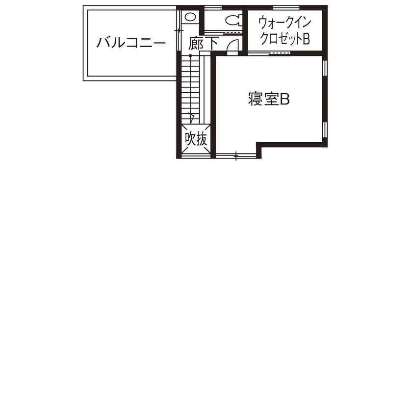 無垢Story 【愛知県/中庭/平屋風/50坪台/間取図有】多趣味な二人の、こだわりを形に。ガレージのあるロ型コートハウスの間取り図（3LDK+ガレージ）2階