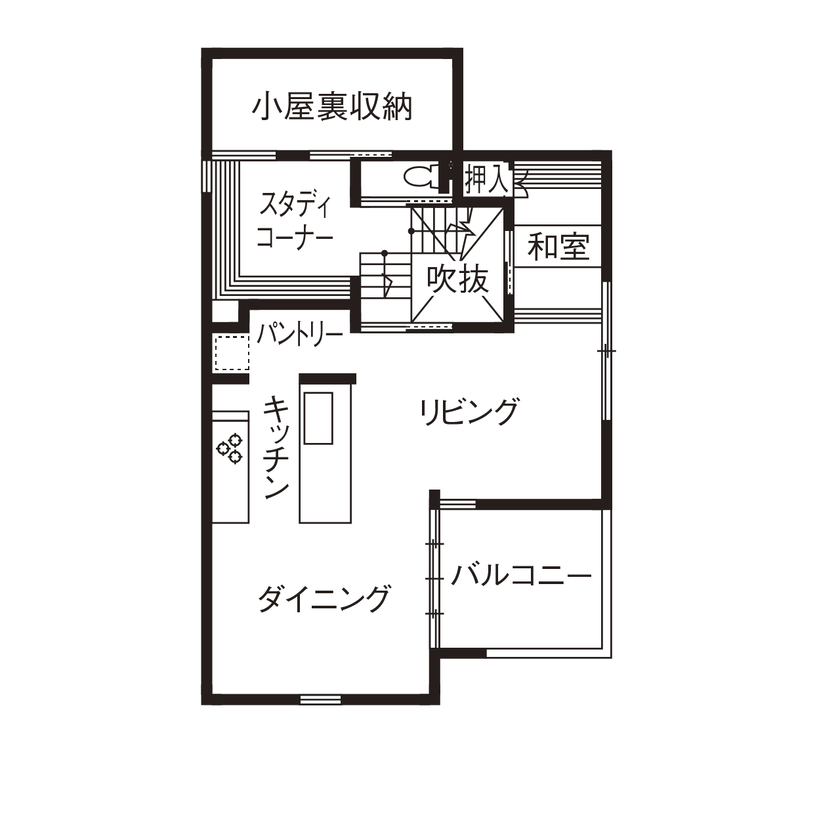 無垢Story 【愛知県/インナーガレージ/45坪台/間取図有】住むほどに愛着が湧く。木と漆喰でつくる2階LDKの家の間取り図（3LDK＋ガレージ）2階