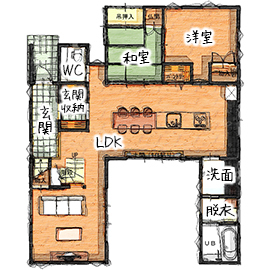 無垢Story 【2000万円台×古民家風×コの字中庭】アンティークモダンなカフェ風の家｜間取り図有の間取り図（４LDK）1階