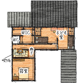無垢Story 【2000万円台×古民家風×コの字中庭】アンティークモダンなカフェ風の家｜間取り図有の間取り図（４LDK）2階