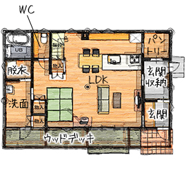 無垢Story 【カリフォルニア】アウトドアや薪ストーブのある30代で建てたカフェ風の家｜間取り図有の間取り図（4LDK）1階