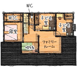 無垢Story 【カリフォルニア】アウトドアや薪ストーブのある30代で建てたカフェ風の家｜間取り図有の間取り図（4LDK）2階