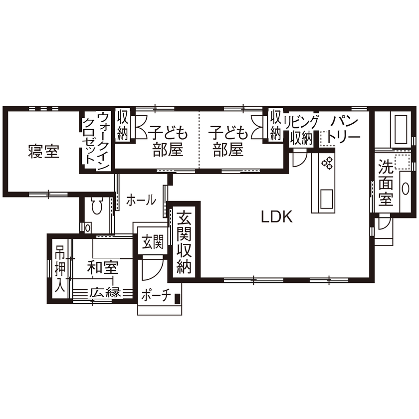無垢Story 【平屋×無垢材×造作キッチン】光をたくさん取り込んだ、木と緑のコーディネートでカフェ気分｜間取り図有の間取り図（３LDK）1階