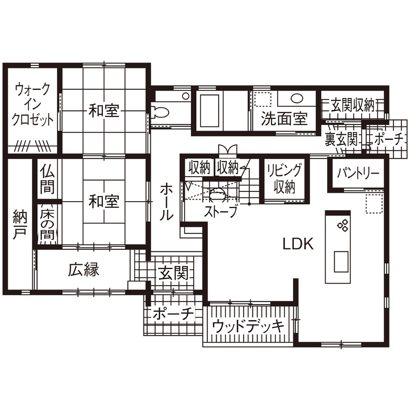 無垢Story 【和モダン×二世帯】落ち着いた和の風情と薪ストーブのぬくもりに癒される、カフェみたいな家｜間取り図有の間取り図（5K以上）1階