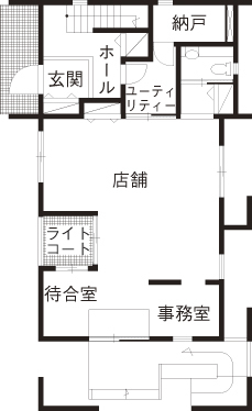 川野工務店 憧れのヴィンテージな空間を建築家夫妻と追求。明るい光が降り注ぐ快適な「店舗一体型住宅」の間取り図（3LDK）1階