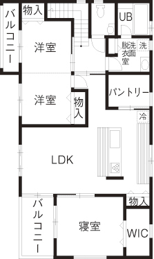 川野工務店 憧れのヴィンテージな空間を建築家夫妻と追求。明るい光が降り注ぐ快適な「店舗一体型住宅」の間取り図（3LDK）2階