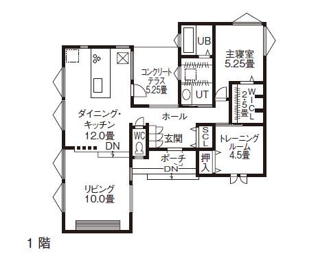 アーキテックプランニング 【平屋】スキップフロアのリビング、無機質×有機質の組合せで光と緑が心地いいモダンな全室床暖房の平屋の間取り図（2LDK）１階