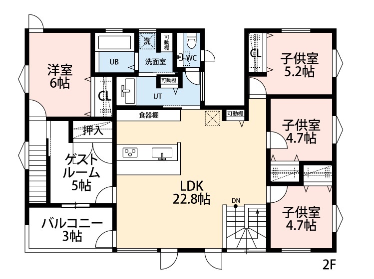 アーキテックプランニング 【3000～3500万円/５LDK/間取り図有】個性を活かした隣居スタイルの二世帯住宅はランニングコストも大満足の家の間取り図（５ＬＤＫ＋２ＬＤＫ）2階