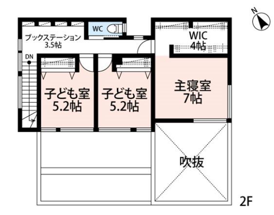 アーキテックプランニング 【間取り図有】天井高3.0ｍの開放的なリビング。雨雪でも快適なカーライフを実現できる組込カーポートのある住まいの間取り図（4LDK）2階