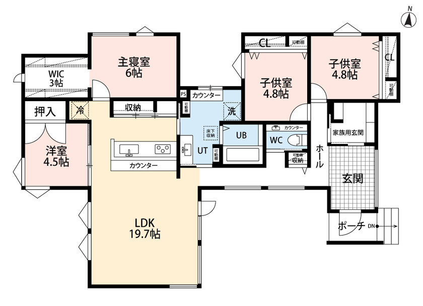 アーキテックプランニング 【平屋/2000万円台】マンションからの住み替えで実現した憧れの平屋、家族４人で暮らす２軒目の住まいの間取り図（4LDK）1階