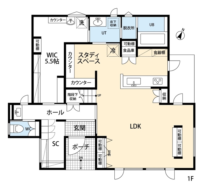 アーキテックプランニング 【2000～2500万円/４LDK間取り図有】生活しやすい工夫が溢れる、子どもが楽しむ家の間取り図（4LDK+フリースペース）１階