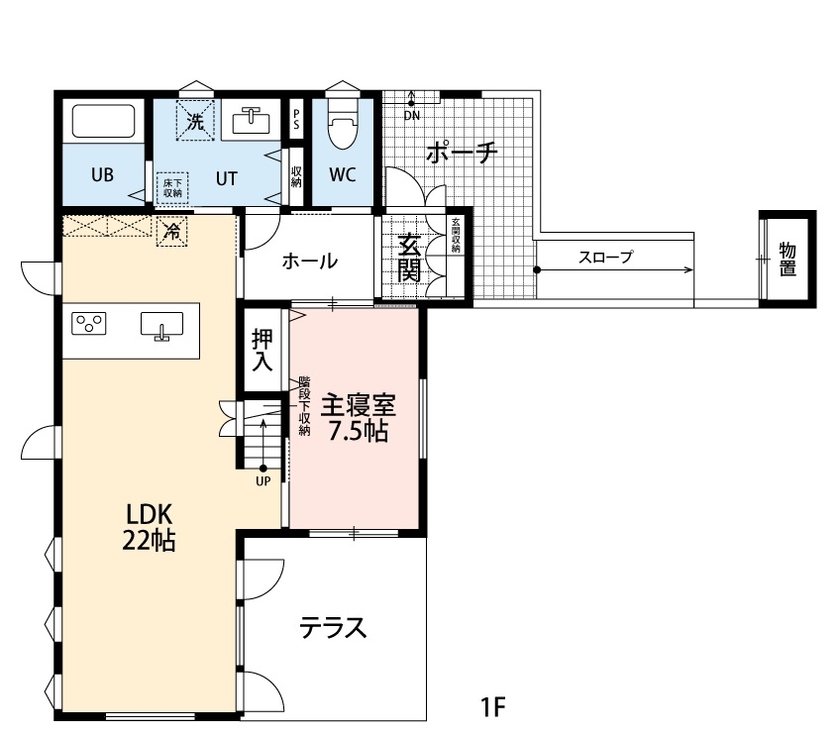 アーキテックプランニング 【2000～2500万円/４LDK間取り図有】展示場に遊びに行ったことがきっかけ、ユニバーサルデザインの住まいが実現の間取り図（4LDK）１階