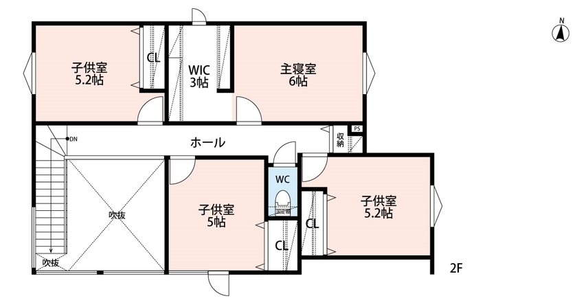 アーキテックプランニング 【3000～3500万円/５LDK間取り図有/2階建て/車庫】クライミングウォールなど子どもが家の中で楽しめる住まいの間取り図（5K以上）２階