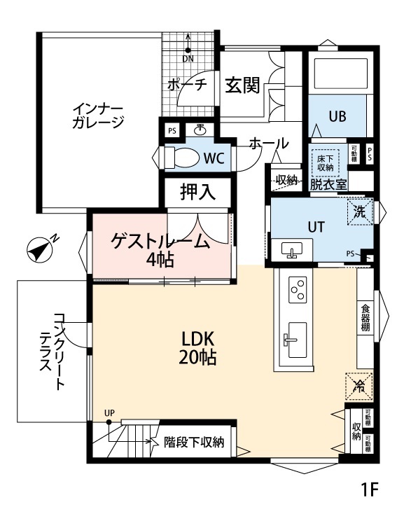 アーキテックプランニング 【2500～3000万円】吹き抜けやトリプルサッシの大きな窓、２階オープンスペースなど開放的な空間を実現の間取り図（３LDK+フリースペース）１階