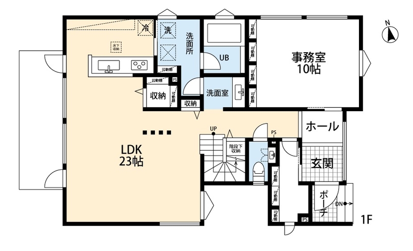 アーキテックプランニング 【2500～3000万円/間取り図有/2階建て】事務所スペースも実現した広々LDK23帖のシンプルモダンなマイホームの間取り図（4LDK）１階