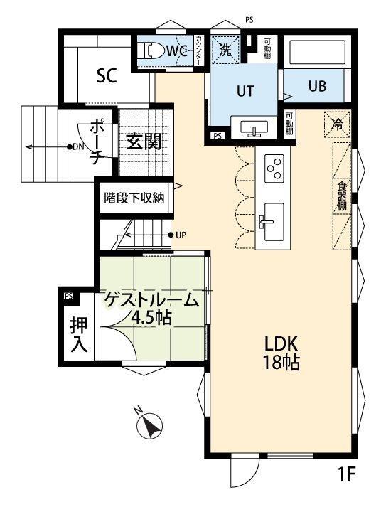 アーキテックプランニング 【2000～2500万円/４LDK間取り図有/ゲストルーム】オープンキッチンを中心にした家族の絆深まる暖かく、温かい家の間取り図（4LDK）1階