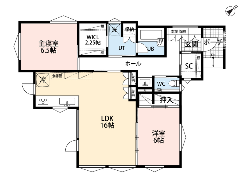 アーキテックプランニング 【平屋/1500～2000万円/２LDK間取り図有】好きな色やモノに囲まれた、終の棲家の平屋の住まいの間取り図（2LDK）1階