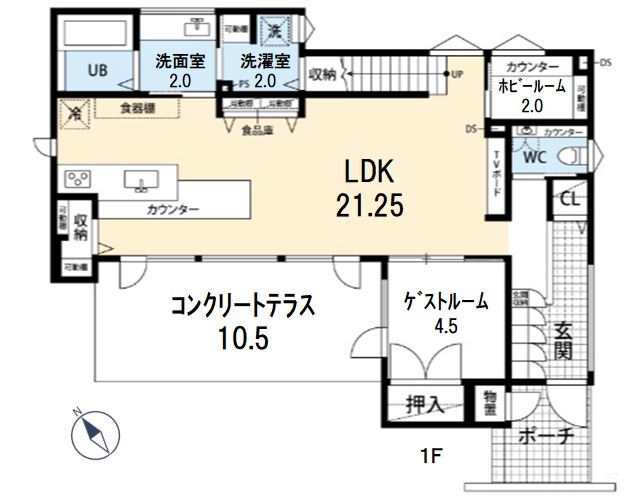 アーキテックプランニング 【2000万円台/間取り図有/ドッグラン】BBQや愛犬の遊ぶスペースとしても活躍するテラスのあるデザイン住宅の間取り図（4LDK）1階