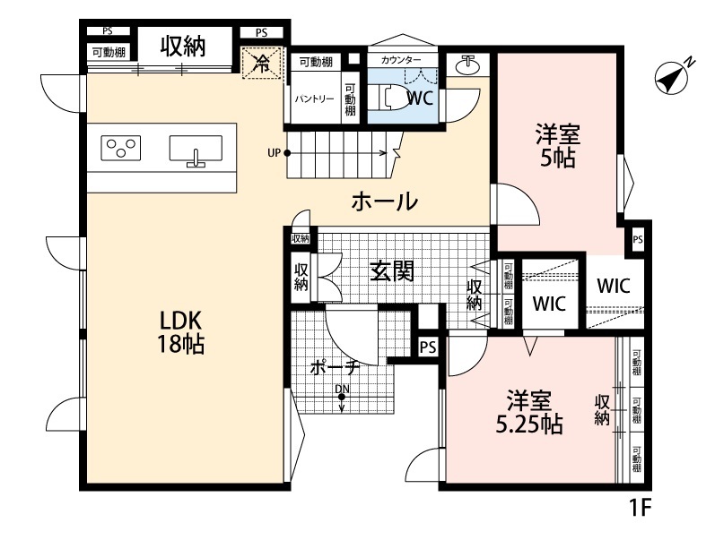 アーキテックプランニング 【2000万円台/間取り図有】ウォークスルークローゼットなど収納充実、無垢材が映えるナチュラルテイストの住まいの間取り図（4LDK）1階