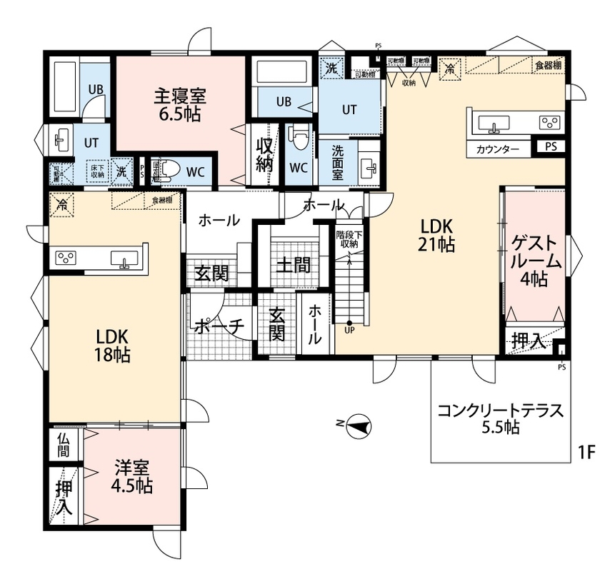 アーキテックプランニング 【平屋/3000万台】平屋の親世帯と2階建ての子世帯、思い出の地に実現した完全分離型二世帯住宅の間取り図（４LDK＋２LDK）1階