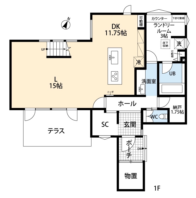 アーキテックプランニング 【2500～3000万円/間取り図有】キャットウォークなど愛猫も喜ぶスケルトン階段や吹抜けの開放感溢れる注文住宅の間取り図（3LDK）1階