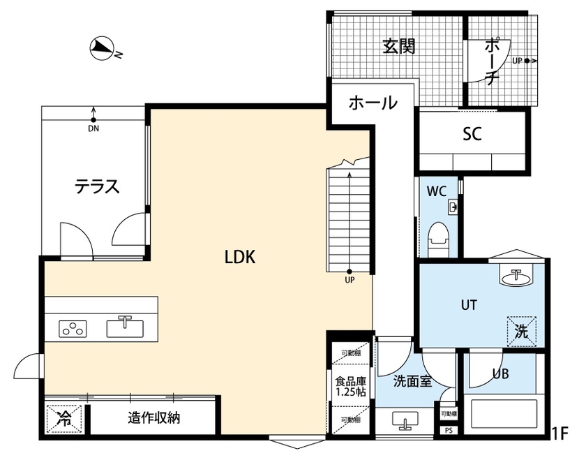 アーキテックプランニング [2000～2500万円/３LDK間取り図有/２階建て/吹き抜け]間接照明が効いた、吹抜けやスケルトン階段が映える家の間取り図（3LDK）1階