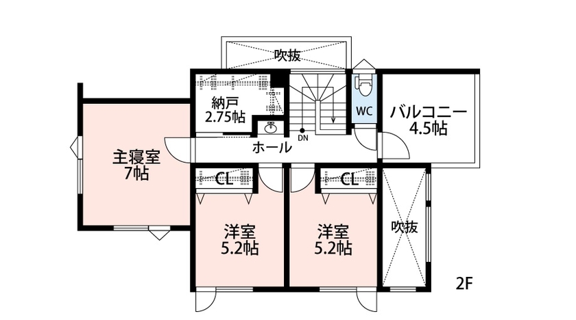 アーキテックプランニング [2000万円台/間取り図有]梁型フレームの外観デザインやおしゃれな内観に暮らしやすさの工夫も溢れるお住まいの間取り図（4LDK）2階