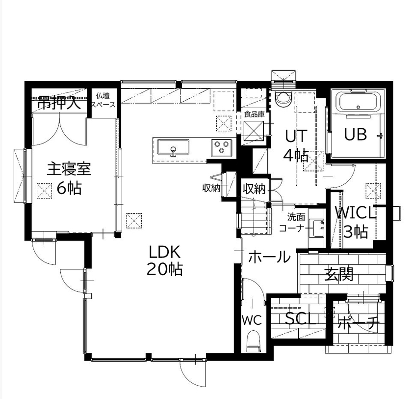 アーキテックプランニング 【2階建4LDK/3000～3500万円台/間取り図/35.57坪】30代で建てた家　Rの柔らかさと木目が彩るこだわりの空間の間取り図（4LDK）1階