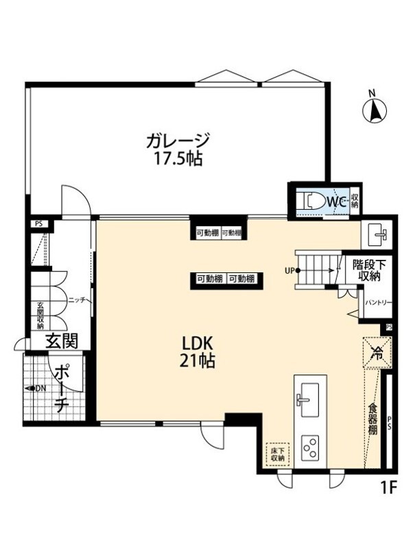 アーキテックプランニング 猫と暮らし、愛車を眺める。趣味と癒やしのガレージハウスの間取り図（3LDK）1階