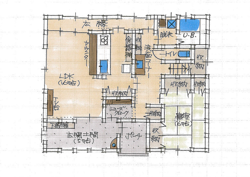 荒川建設 しげや 【滋賀県野洲市/2000万円台/平屋風】動線に恵まれ、家族の絆が深まる家。迫力ある大屋根と土間がお気に入りの間取り図（３LDK+土間+S）1階 