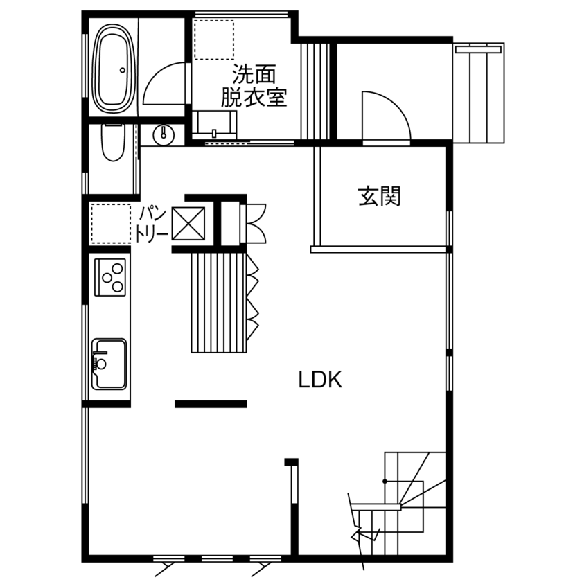 マッケンジーハウス(厚木・平塚・秦野) 【吹抜／回遊動線／傾斜地】蔵のような佇まいの中はオープンでフレキシブル。模様替えを愉しむ住まいの間取り図（3LDK）1階