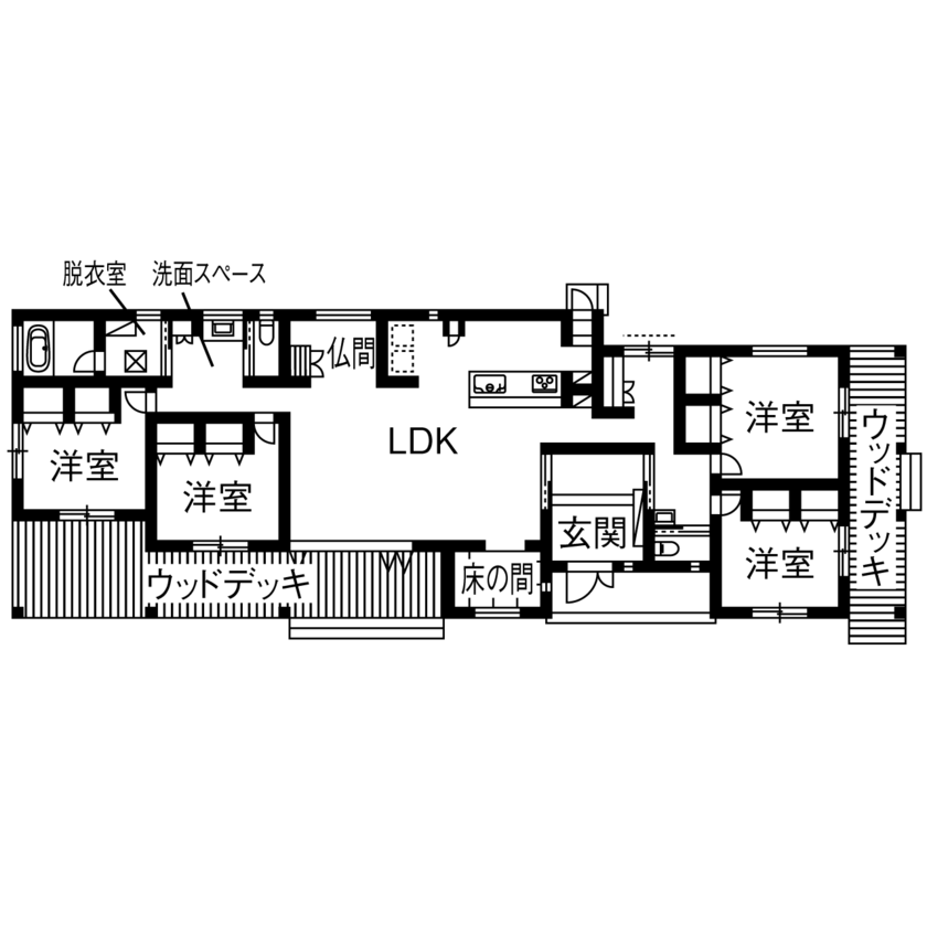マッケンジーハウス(厚木・平塚・秦野) 【平屋／ウッドデッキ／和洋折衷デザイン】丸窓とカバードポーチのある和洋折衷アメリカンハウスの間取り図（4LDK）1階