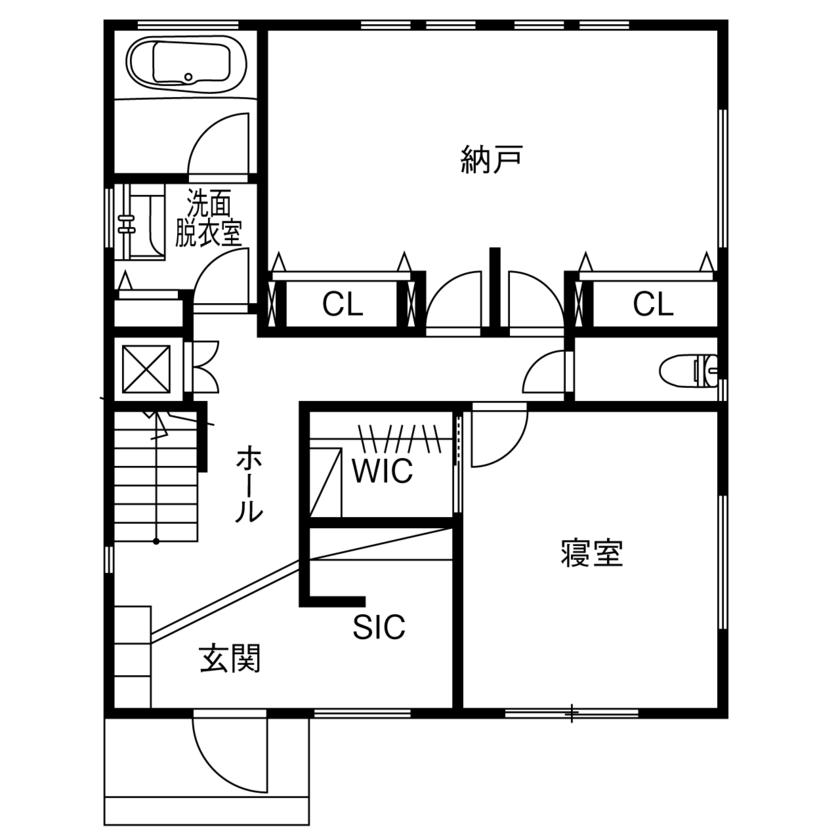 マッケンジーハウス(厚木・平塚・秦野) 【2階リビング／家事動線／収納充実】好きな家具に調和する住まい。山の緑を愉しむリビング＋バルコニーの間取り図（1LDK+納戸）1階