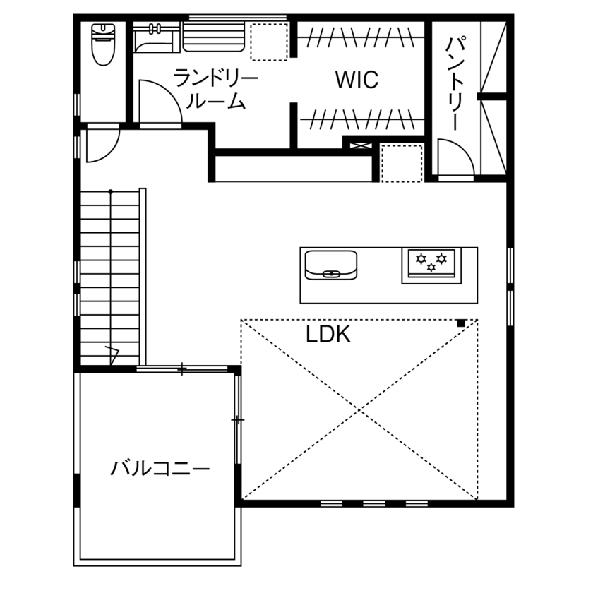 マッケンジーハウス(厚木・平塚・秦野) 【2階リビング／家事動線／収納充実】好きな家具に調和する住まい。山の緑を愉しむリビング＋バルコニーの間取り図（1LDK+納戸）2階