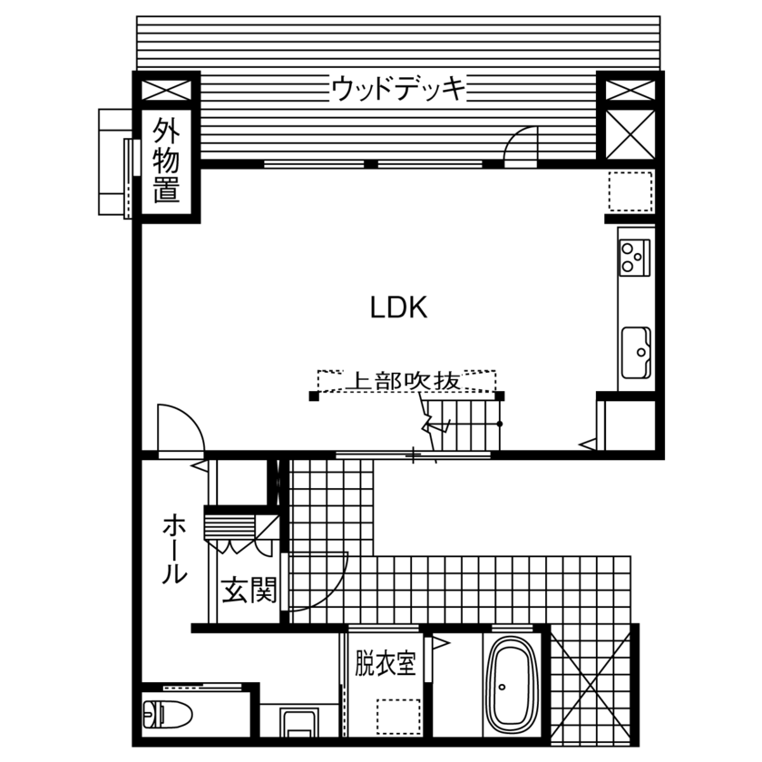 マッケンジーハウス(厚木・平塚・秦野) 【2290万円／コの字型／大開口／中庭】光と風と美しい景観を楽しむ。北側に開いた明るく開放的な邸宅の間取り図（2LDK）1階