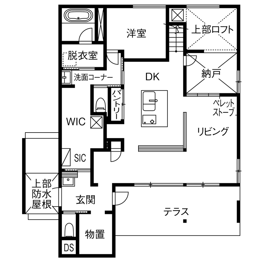 マッケンジーハウス(厚木・平塚・秦野) 【小田原市／平屋／ペット／土間】ワンちゃんとの暮らしも楽しむ、日常と非日常の間（あいわ）の家の間取り図（1LDK+ロフト+WIC+SIC）1階